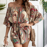 Women’s Off-Shoulder Romper – Bohemian Print – Flared Sleeve – Relaxed Fit