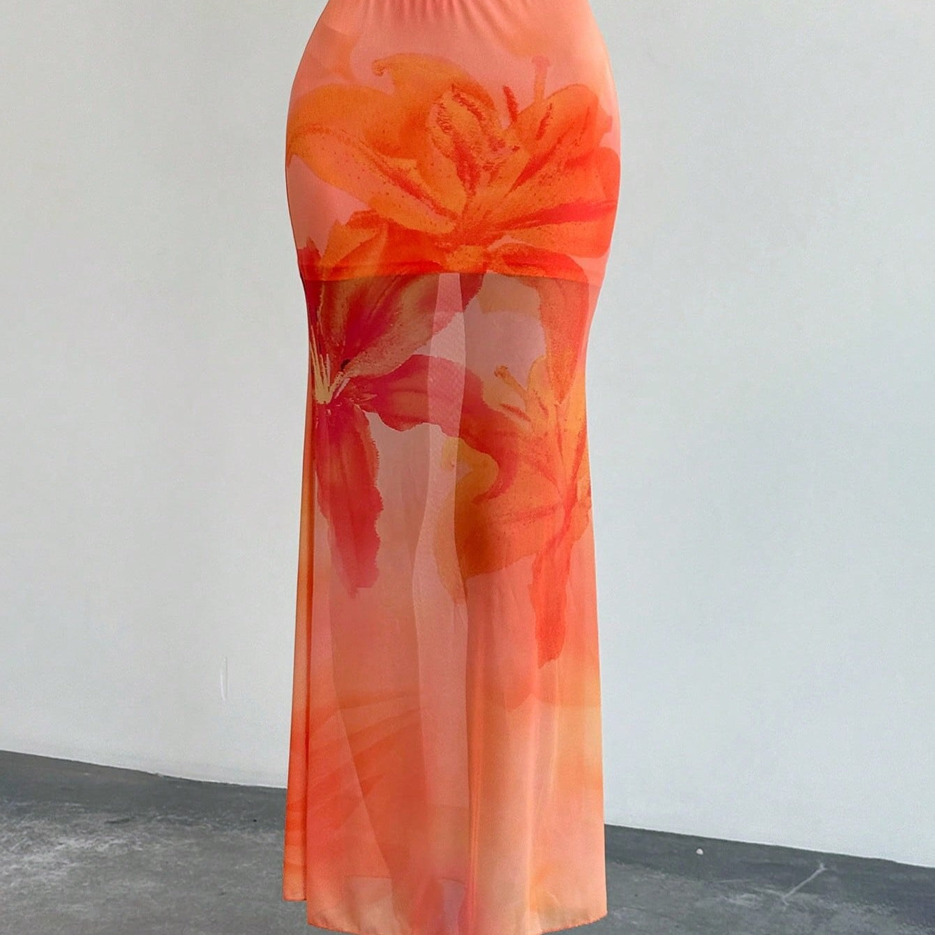 Women’s Long Skirt – Mermaid Fit – Mesh Fabric – Sheer Floral Print – Ankle Length