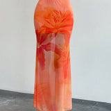 Women’s Long Skirt – Mermaid Fit – Mesh Fabric – Sheer Floral Print – Ankle Length