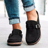 Women’s Mule Sandals – Suede-Like Upper – Buckle Strap – Low Heel Slip-On Comfort