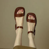 Women’s Flat Sandals – Smooth Leather Look – Thick Sole – Open Toe – Adjustable Strap