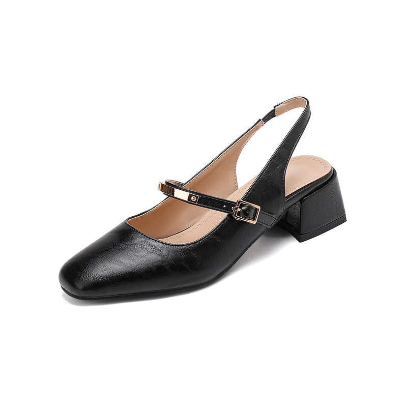 Women’s Slingback Heels – Faux Leather – Block Heel – Square Toe – Studded Strap