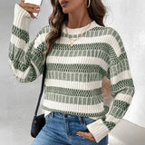 Women’s Sweater – Ribbed Knit – Relaxed Fit – Round Neck – Double Stripe Detail