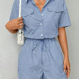 Women’s Romper – Button Front – Cinched Waist – Short Sleeve – Striped Cotton Blend