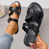 Women’s Sandals – Faux Leather Slip-On – Open Toe – Adjustable Buckle Strap – Flat Sole