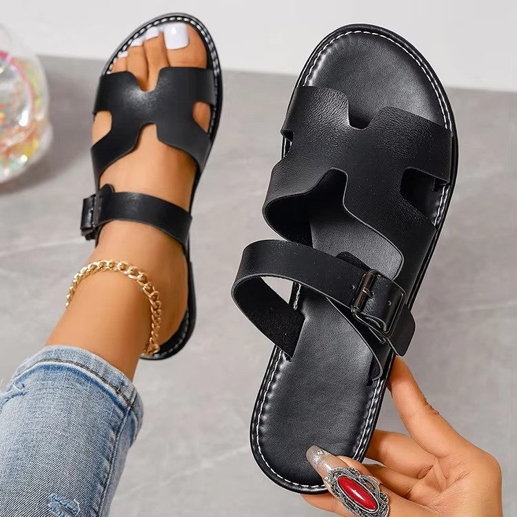 Women’s Sandals – Faux Leather Slip-On – Open Toe – Adjustable Buckle Strap – Flat Sole