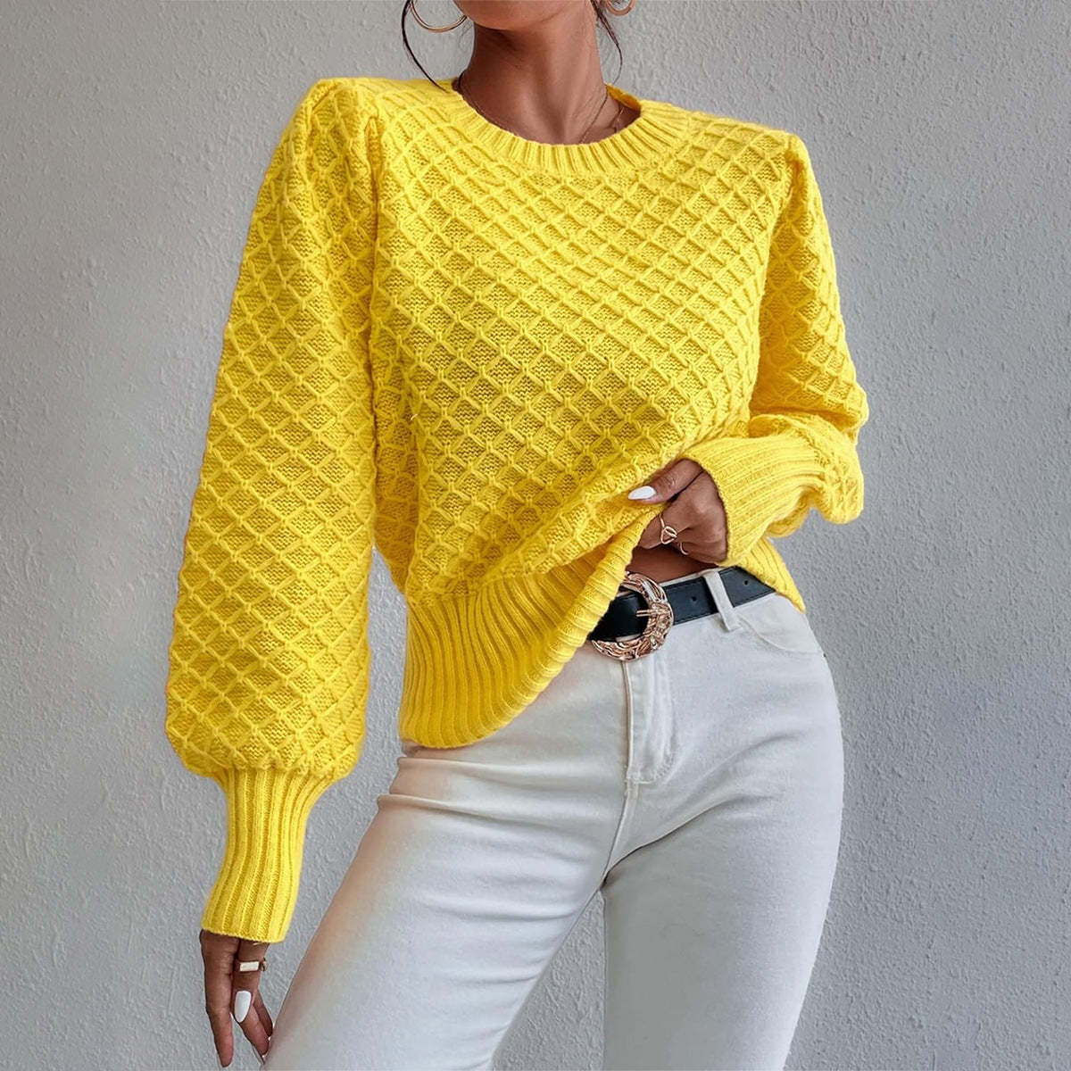 Women’s Pullover Sweater – Wool Blend – Relaxed Fit – Quilted Texture – Crew Neck