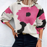 Women’s Pullover Sweater – Knit Fabric – Relaxed Fit – Round Neck – Balloon Sleeves – Patterned