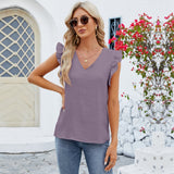 Women’s Short Sleeve Blouse – Relaxed Fit – V-Neck – Ruffled Sleeves – Breathable Blend