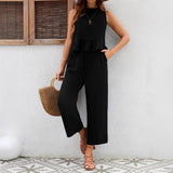 Women’s Trousers Suit Set – Sleeveless Top – Ruffled Waist – Wide Leg – Breathable Blend