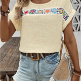 Women’s Blouse – Relaxed Fit – Boho Embroidery – Breathable Crinkled Fabric – Short Sleeve