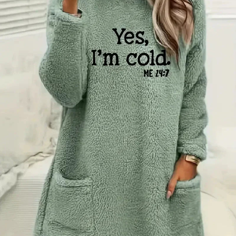 Women’s Oversized Sweatshirt – Double-Sided Fleece – Letter Print – Side Pockets – Long Sleeve