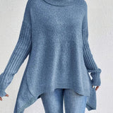 Women’s Turtleneck Sweater – Oversized Fit – Wool Knit – Asymmetrical Hem – Ribbed Sleeves