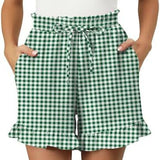 Women’s Cotton Shorts – Relaxed Fit – Gingham Pattern – Ruffle Hem – Elastic Waist