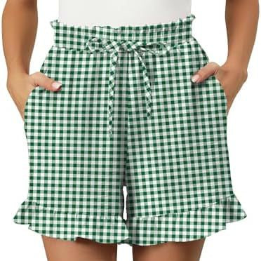 Women’s Cotton Shorts – Relaxed Fit – Gingham Pattern – Ruffle Hem – Elastic Waist