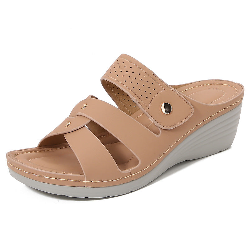 Women’s Wedge Sandals – Open Toe – Slip-On – Rivet Strap – Cushioned Insole