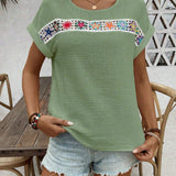 Women’s Blouse – Relaxed Fit – Boho Embroidery – Breathable Crinkled Fabric – Short Sleeve