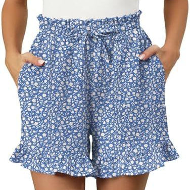 Women’s Cotton Shorts – Relaxed Fit – Gingham Pattern – Ruffle Hem – Elastic Waist
