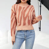 Women’s Sweater – Knit Jacquard – Relaxed Fit – Round Neck – Animal Print Casual Wear