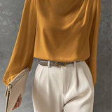 Women’s Satin Blouse – Relaxed Fit – High Neck – Long Sleeve Elegant Draped Top