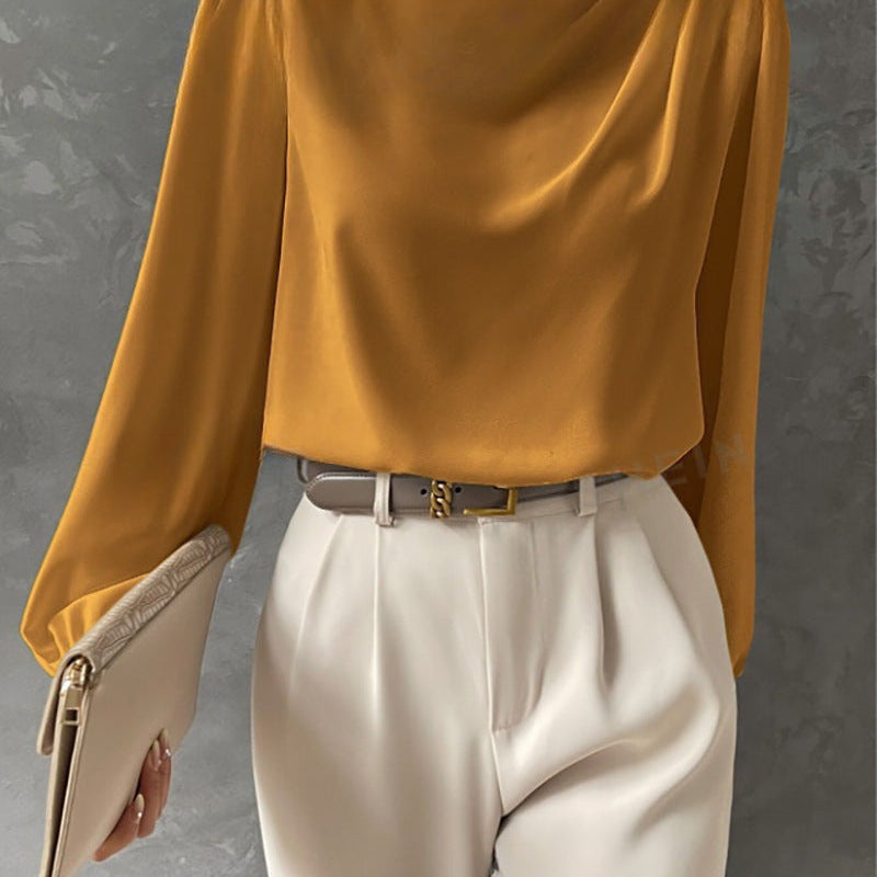 Women’s Satin Blouse – Relaxed Fit – High Neck – Long Sleeve Elegant Draped Top