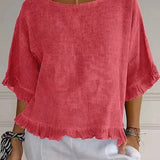 Women’s Blouse – Cotton Linen – Relaxed Fit – Short Sleeve – Ruffle Hem – Round Neck