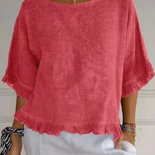 Women’s Blouse – Cotton Linen – Relaxed Fit – Short Sleeve – Ruffle Hem – Round Neck