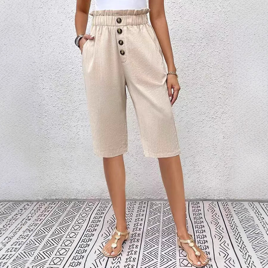 Women’s Linen Shorts – High Waist Paperbag – Relaxed Fit – Button Front – Knee Length