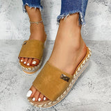 Women’s Wedge Sandals – Slip-On – Open Toe – Fabric Upper – Woven Heel – Casual Fit