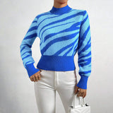 Women’s Sweater – Knitted Zebra Pattern – Semi-High Neck – Regular Fit – Ribbed Hem