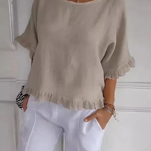 Women’s Blouse – Cotton Linen – Relaxed Fit – Short Sleeve – Ruffle Hem – Round Neck