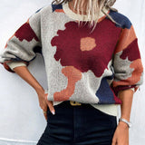 Women’s Pullover Sweater – Knit Fabric – Relaxed Fit – Round Neck – Balloon Sleeves – Patterned