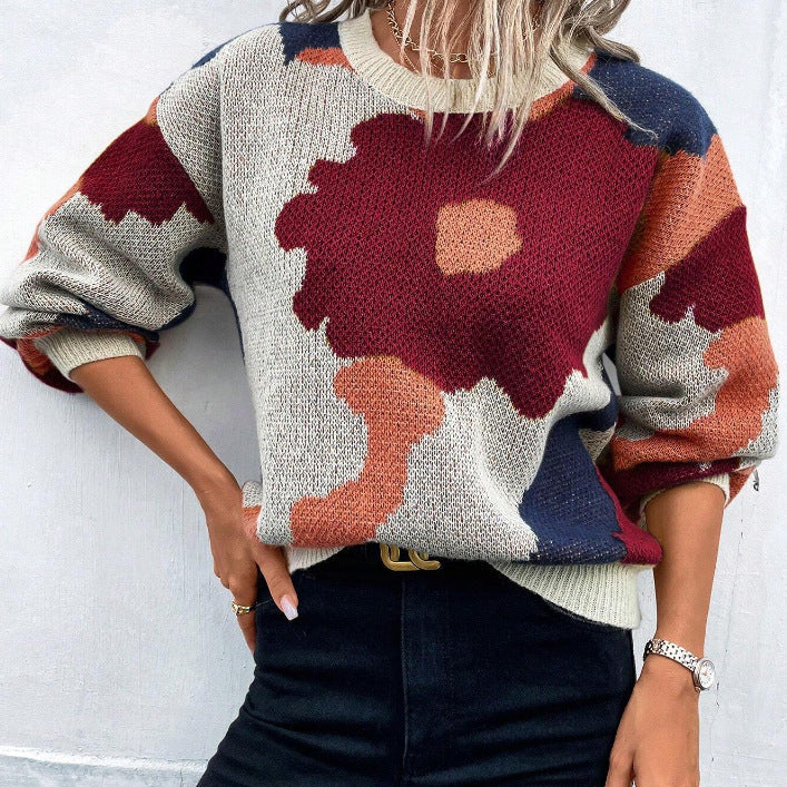 Women’s Pullover Sweater – Knit Fabric – Relaxed Fit – Round Neck – Balloon Sleeves – Patterned