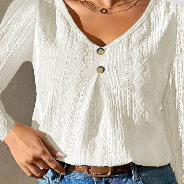 Ottilie | Button Detail Long Sleeve Top - Casual V-Neck
