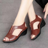 Women’s Wedge Sandals – Faux Leather – Open Toe – Zipper Front – Cut-Out Design