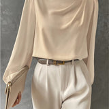Women’s Satin Blouse – Relaxed Fit – High Neck – Long Sleeve Elegant Draped Top