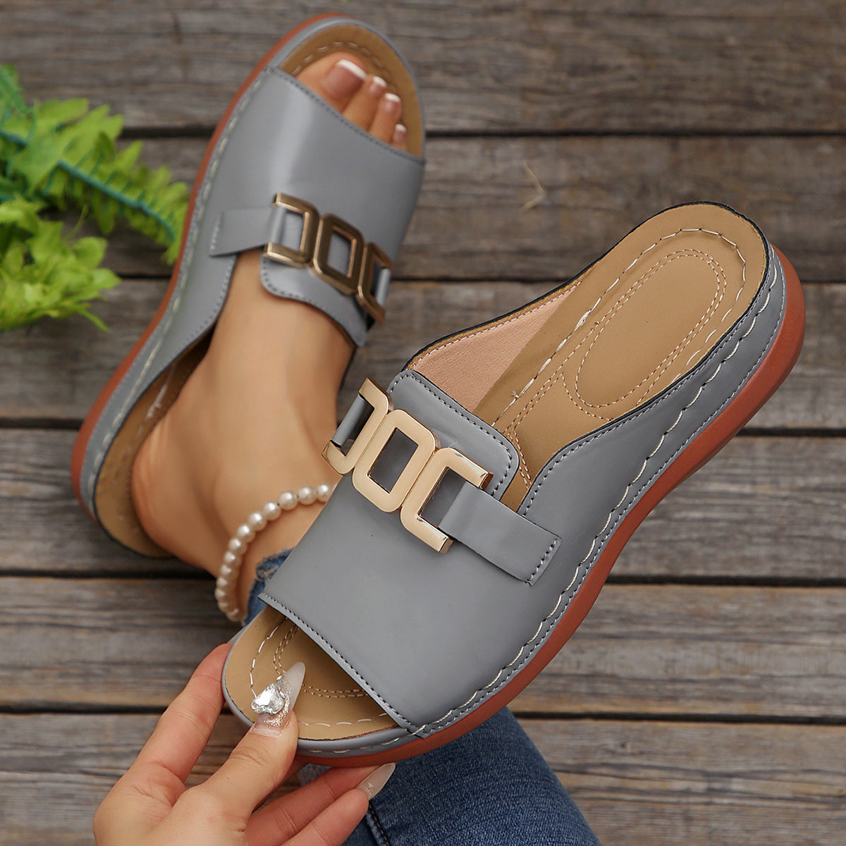 Women’s Platform Sandals – Slip-On Style – Wide Strap – Metallic Detail – Open Toe