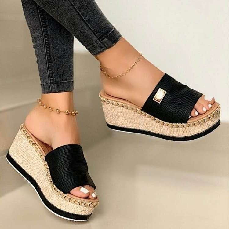 Women’s Wedge Sandals – Slip-On – Open Toe – Fabric Upper – Woven Heel – Casual Fit