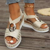 Women’s Wedge Sandals – Open Toe – Slingback Strap – Jute Sole – Metallic Buckle