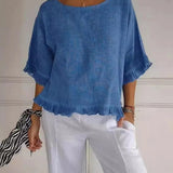 Women’s Blouse – Cotton Linen – Relaxed Fit – Short Sleeve – Ruffle Hem – Round Neck