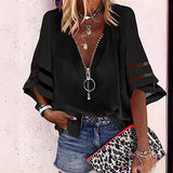 Women’s Zip-Up Blouse – Relaxed Fit – Slit Elbow Sleeves – V-Neck