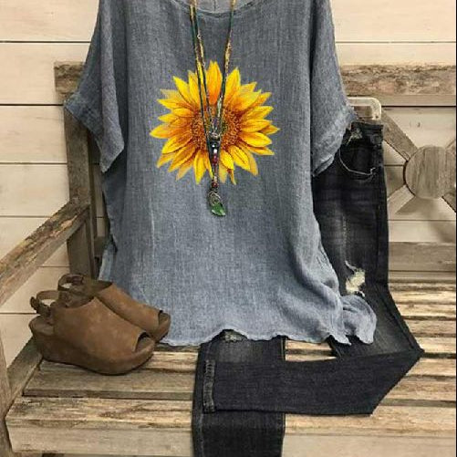 Women’s Blouse – Relaxed Fit – Lightweight Cotton – Round Neck – Half Sleeve – Tunic Length – Dandelion Print