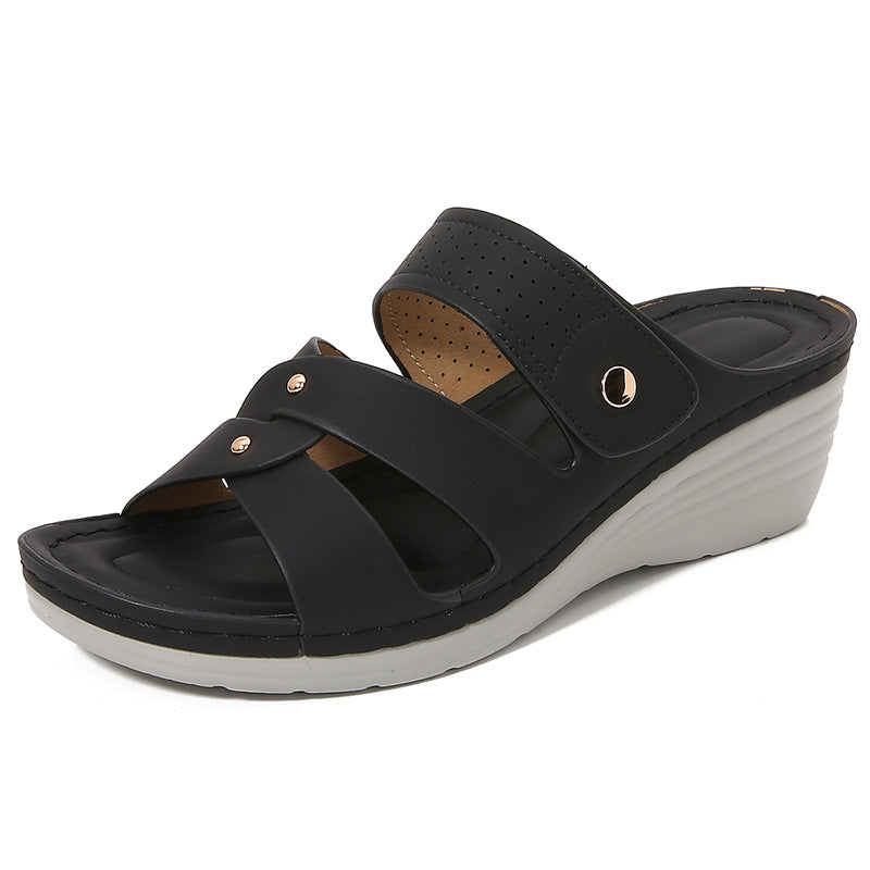 Women’s Wedge Sandals – Open Toe – Slip-On – Rivet Strap – Cushioned Insole
