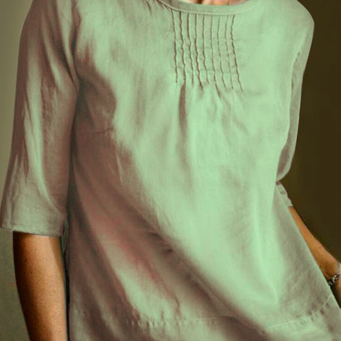 Women’s Blouse – Cotton Linen Blend – Loose Fit – 3/4 Sleeve – Pleated Front