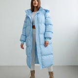 Women’s Long Puffer Trench Coat – Oversized Fit – Quilted Insulated – Hooded Zip Closure