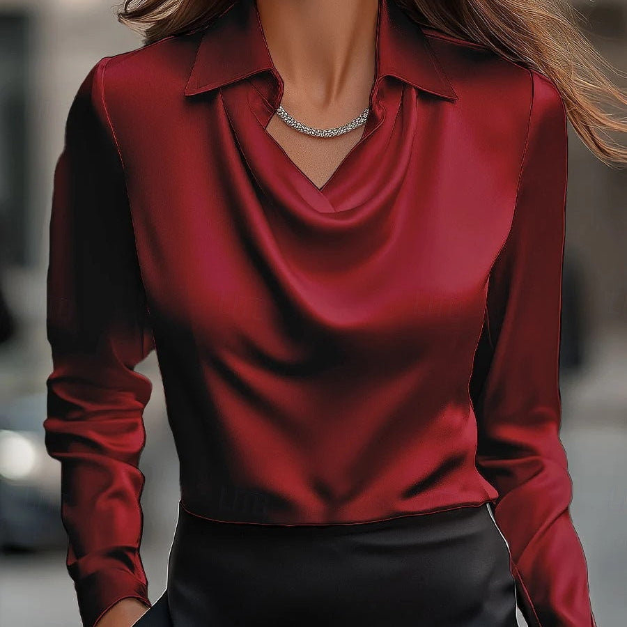 Women’s Blouse – Satin Feel – Draped Cowl Neck – Tailored Fit – Long Sleeve