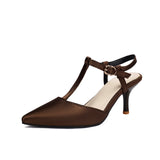 Women’s High Heel Sandals – Pointed Toe – T-Strap – Slim Fit Faux Leather