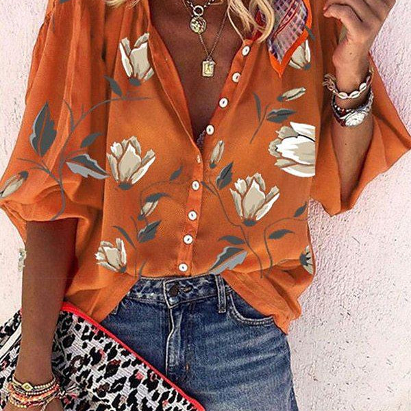 Women's Printed Boho Long Sleeve Tunic Blouse