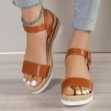 Women’s Wedge Sandals – Faux Leather – Jute Platform – Open Toe – Buckle Strap