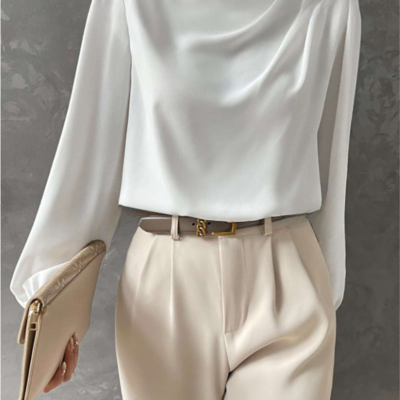 Women’s Satin Blouse – Relaxed Fit – High Neck – Long Sleeve Elegant Draped Top